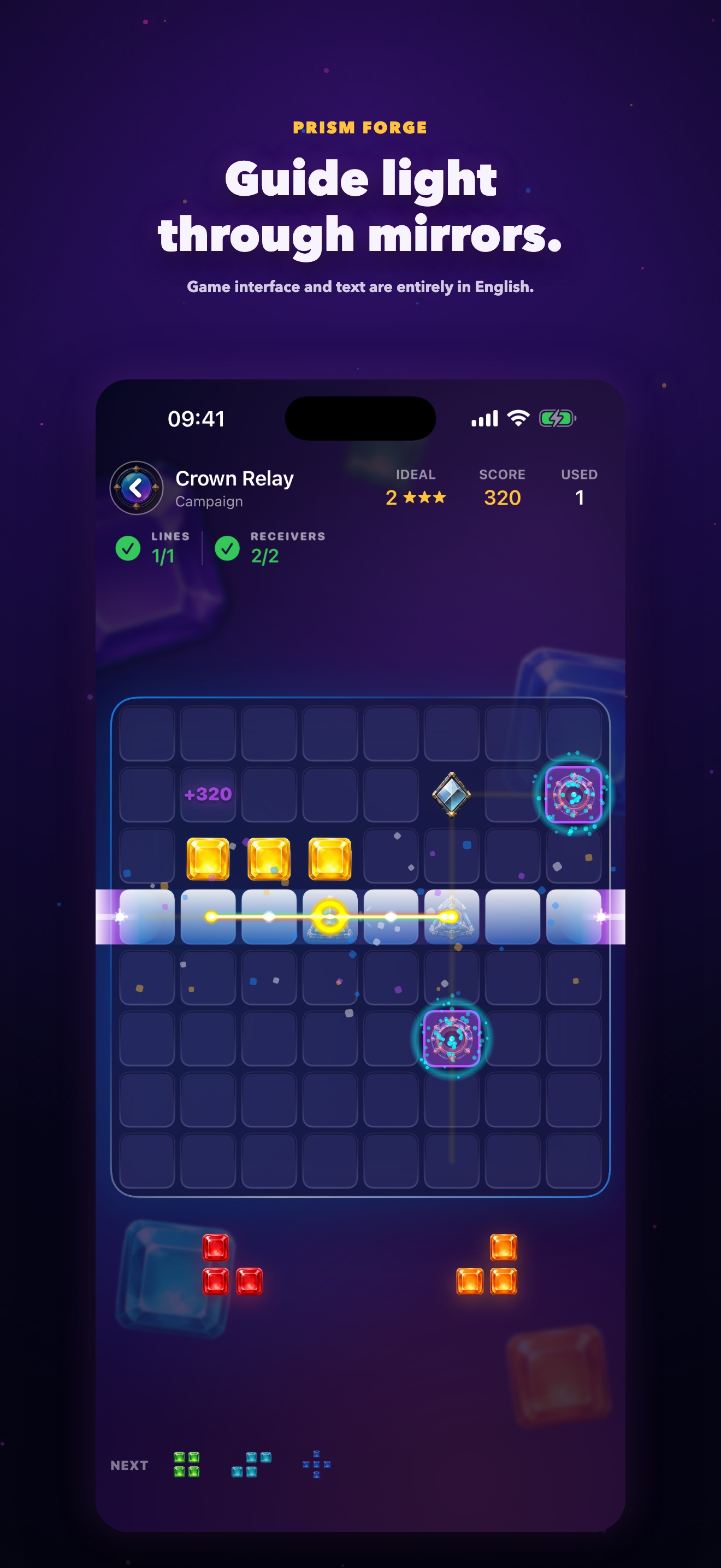 Actual gameplay: a light beam travels through a grid toward a receiver